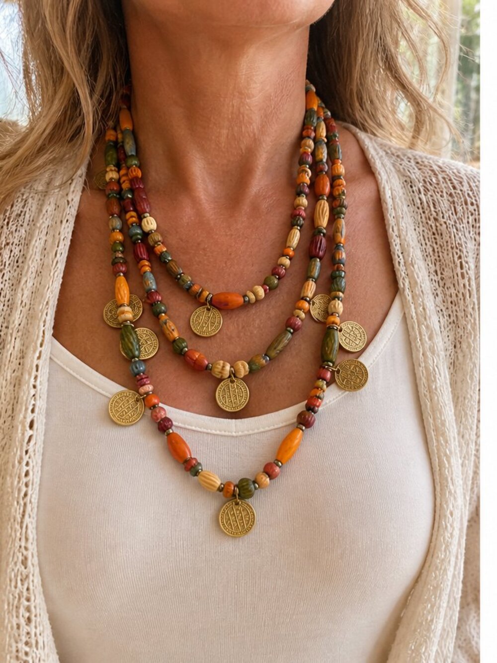 Layered Beaded Coin Charm Necklace Statement Festival Boho